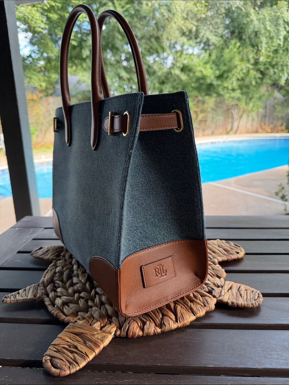 Ralph Lauren Denim Tote with Brown Leather Trim and Handles - Picture 2 of 8